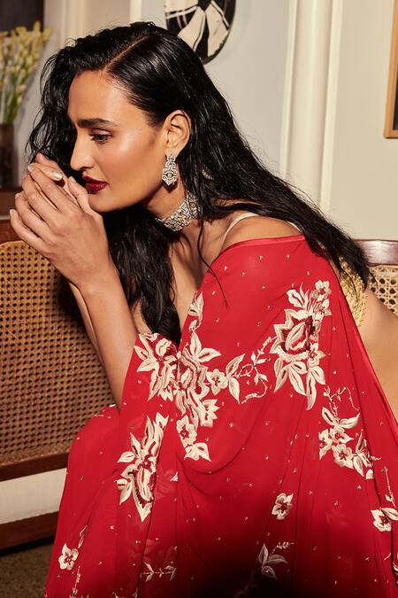 Buy_Dilnaz_Red 80g Georgette, Polyester Satin Floral Pattern Parsi Gara Embroidered Saree_Online_at_Aza_Fashions