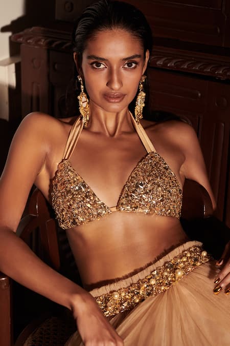 Shop_Dilnaz_Gold Net, Polyester Satin Diamonds Plunge V Neck Embellished Bikini Top_Online_at_Aza_Fashions