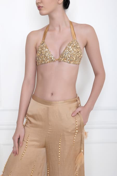 Dilnaz_Gold Net, Polyester Satin Diamonds Plunge V Neck Embellished Bikini Top_at_Aza_Fashions