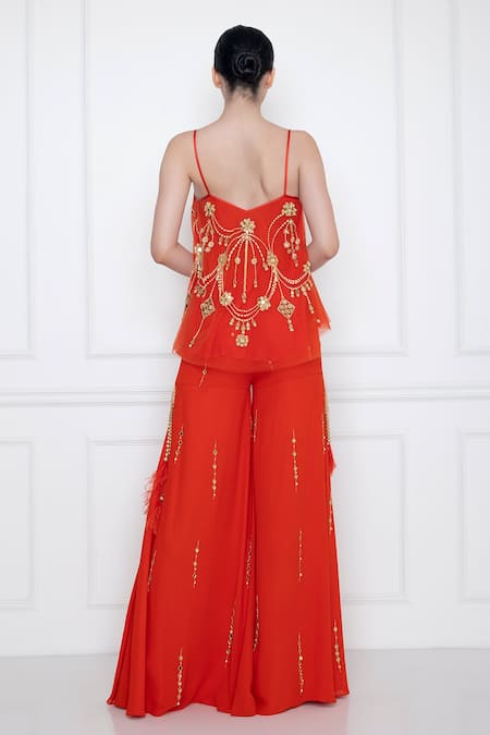 DILNAZ_Red Net And Viscose Georgette Hand Embroidery Mirror Scoop Neck Top  _Online_at_Aza_Fashions