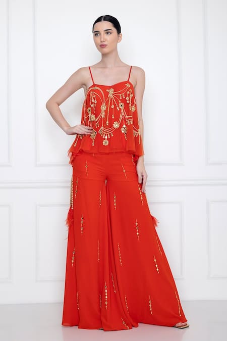 Buy_DILNAZ_Red Net And Viscose Georgette Hand Embroidery Mirror Scoop Neck Top  _Online_at_Aza_Fashions