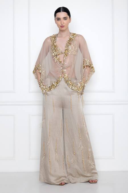 Dilnaz_Grey Net Hand Embroidery Sequins Plunge V Neck Twist Kaftan Top_Online_at_Aza_Fashions