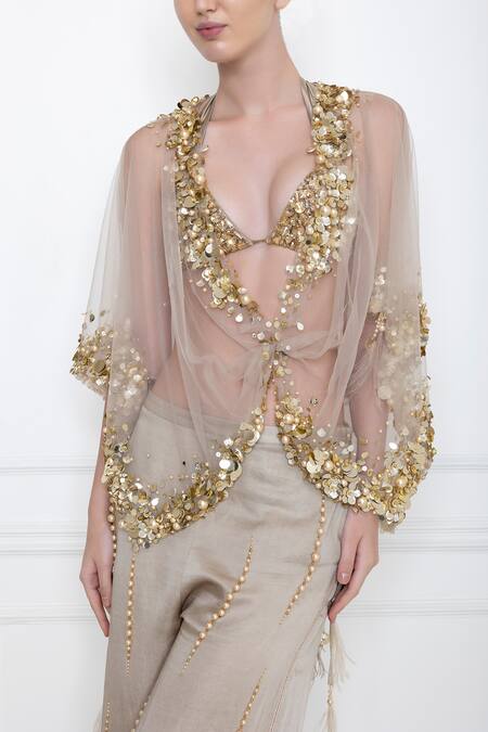 Dilnaz_Grey Net Hand Embroidery Sequins Plunge V Neck Twist Kaftan Top_at_Aza_Fashions