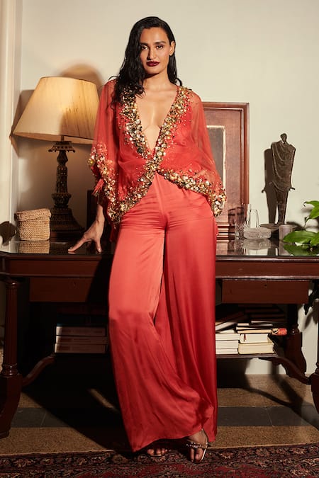 Buy Red Cotton Satin And Net Hand Embroidery Jumpsuit With Kaftan