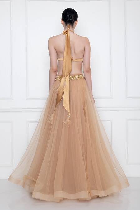 Shop Dilnaz Gold Net And Viscose Georgette Pearls, Diamonds Embellished Waistband Poofy Skirt at Aza Fashions Shop_Dilnaz_Gold Net And Viscose Georgette Pearls, Diamonds Embellished Waistband Poofy Skirt_at_Aza_Fashions