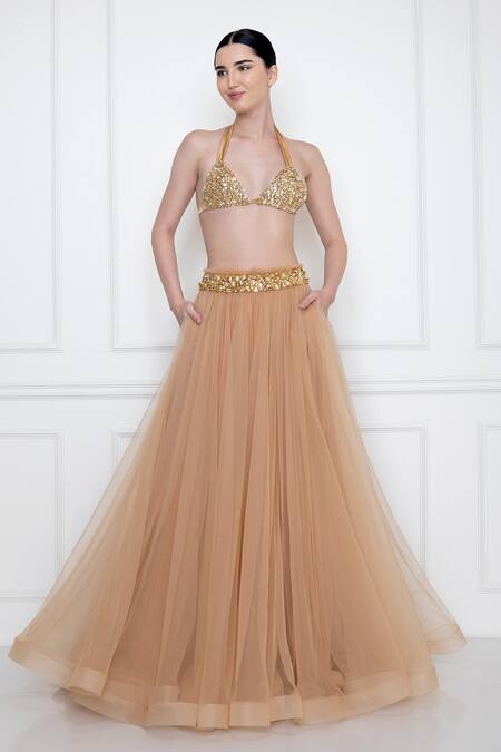 Dilnaz Gold Net And Viscose Georgette Pearls, Diamonds Embellished Waistband Poofy Skirt Online at Aza Fashions Dilnaz_Gold Net And Viscose Georgette Pearls, Diamonds Embellished Waistband Poofy Skirt_Online_at_Aza_Fashions