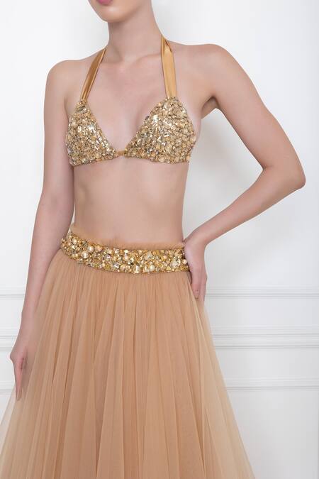 Shop Dilnaz Gold Net And Viscose Georgette Pearls, Diamonds Embellished Waistband Poofy Skirt Online at Aza Fashions Shop_Dilnaz_Gold Net And Viscose Georgette Pearls, Diamonds Embellished Waistband Poofy Skirt_Online_at_Aza_Fashions