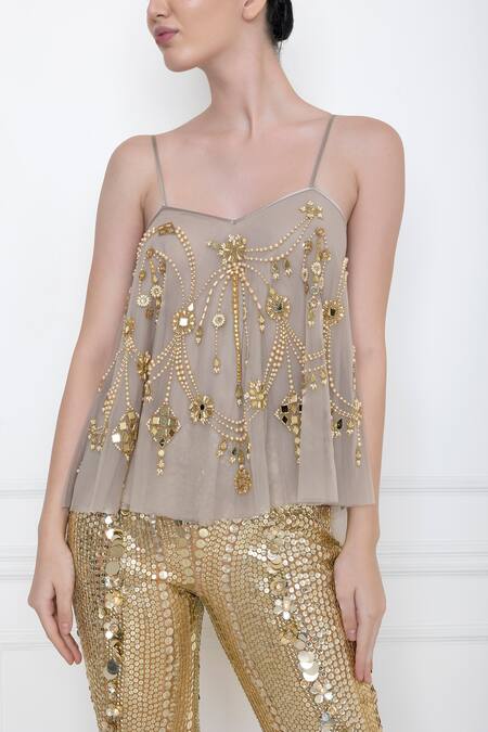 Dilnaz_Grey Net And Viscose Georgette Hand Embellished Mirror Camisole Top _Online_at_Aza_Fashions