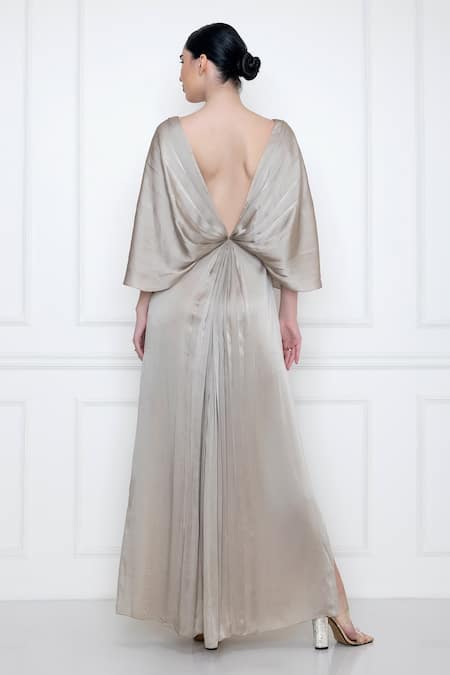 Dilnaz_Grey Pure Silk And Polyester Plunge V Neck Grecian Draped Gown _Online_at_Aza_Fashions
