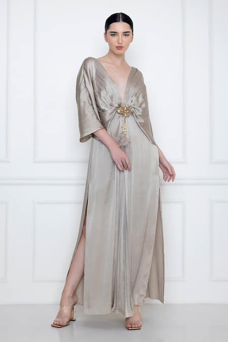 Buy_Dilnaz_Grey Pure Silk And Polyester Plunge V Neck Grecian Draped Gown _Online_at_Aza_Fashions