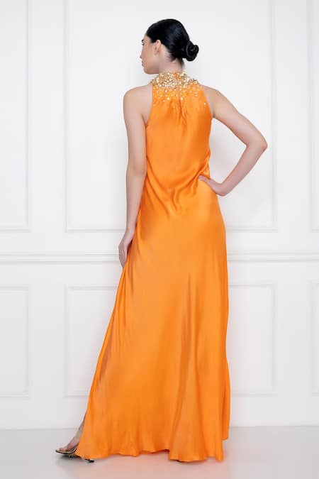 Buy Orange Pure Silk Satin Hand Embellished Feather Neckline Gown
