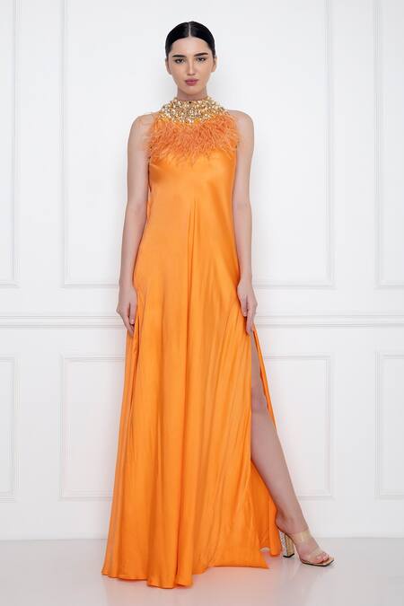 Buy_Dilnaz_Orange Pure Silk Satin Diamonds, Feathers High Neck Embellished Neckline Gown _Online_at_Aza_Fashions