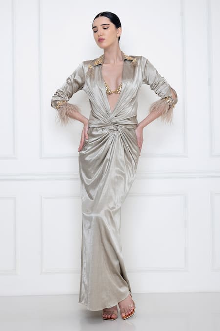 Buy_Dilnaz_Grey Cotton Satin Stretch Gajji Feathers Collared Neck Draped Shirt Gown_Online_at_Aza_Fashions