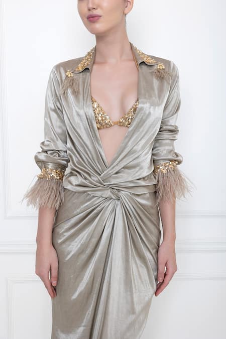 Dilnaz_Grey Cotton Satin Stretch Gajji Feathers Collared Neck Draped Shirt Gown_at_Aza_Fashions