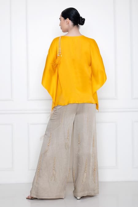 Shop Dilnaz Yellow Cotton Satin Plunge V Neck Twist Kaftan Top at Aza Fashions Shop_Dilnaz_Yellow Cotton Satin Plunge V Neck Twist Kaftan Top_at_Aza_Fashions