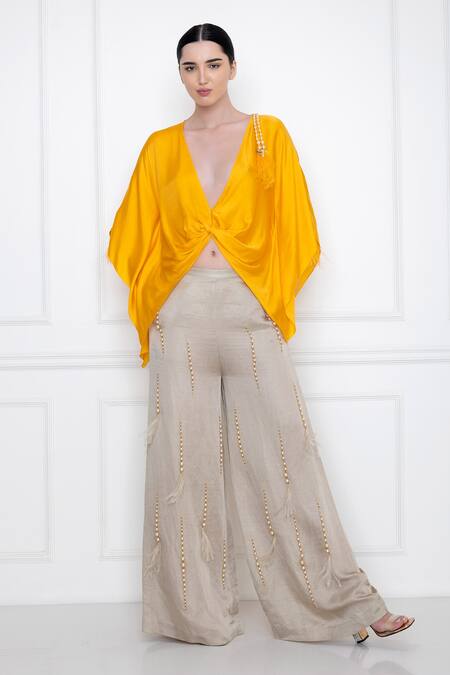 Dilnaz Yellow Cotton Satin Plunge V Neck Twist Kaftan Top Online at Aza Fashions Dilnaz_Yellow Cotton Satin Plunge V Neck Twist Kaftan Top_Online_at_Aza_Fashions