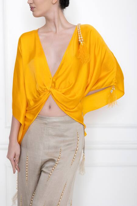 Shop Dilnaz Yellow Cotton Satin Plunge V Neck Twist Kaftan Top Online at Aza Fashions Shop_Dilnaz_Yellow Cotton Satin Plunge V Neck Twist Kaftan Top_Online_at_Aza_Fashions