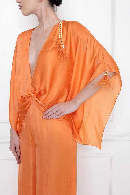 Buy Dilnaz Orange Cotton Satin Plunge V Neck Jumpsuit Online at Aza Fashions Buy_Dilnaz_Orange Cotton Satin Plunge V Neck Jumpsuit_Online_at_Aza_Fashions