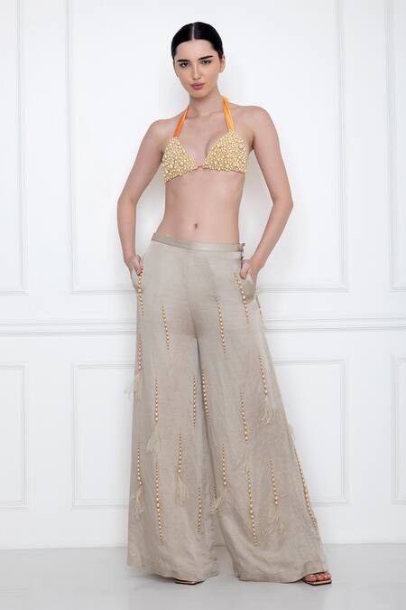 Dilnaz_Grey Satin Linen Hand Embellished Beads Flared Trouser _Online_at_Aza_Fashions
