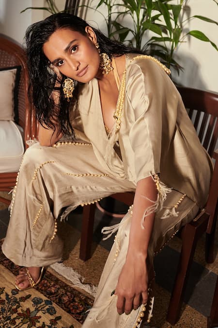 Buy_Dilnaz_Grey Satin Linen Hand Embellished Beads Flared Trouser _Online_at_Aza_Fashions