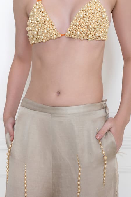Dilnaz_Grey Satin Linen Hand Embellished Beads Flared Trouser _at_Aza_Fashions