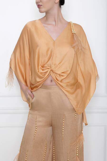 Dilnaz_Gold Cotton Satin V Neck Twist Kaftan Top_Online_at_Aza_Fashions