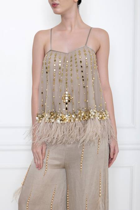 Dilnaz_Grey Net And Viscose Georgette Hand Embellished Mirror Scoop Camisole _Online_at_Aza_Fashions