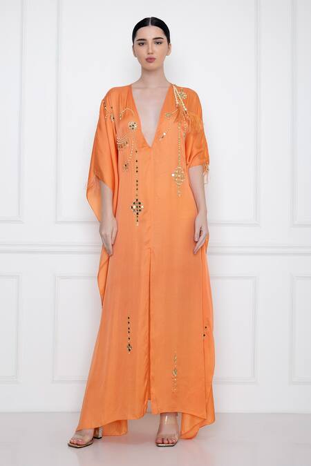 Dilnaz_Orange Cotton Satin Mirror, Pearls Plunge V Neck Embellished Kaftan_Online_at_Aza_Fashions