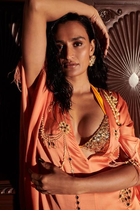 Buy_Dilnaz_Orange Cotton Satin Mirror, Pearls Plunge V Neck Embellished Kaftan_Online_at_Aza_Fashions