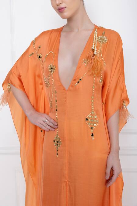 Shop_Dilnaz_Orange Cotton Satin Mirror, Pearls Plunge V Neck Embellished Kaftan_Online_at_Aza_Fashions