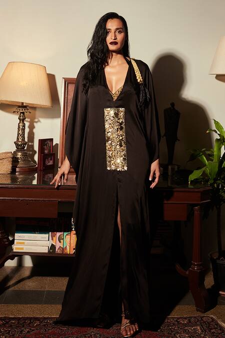 DILNAZ Black Cotton Satin Hand Embellished Sequins Plunge V Neck Kaftan