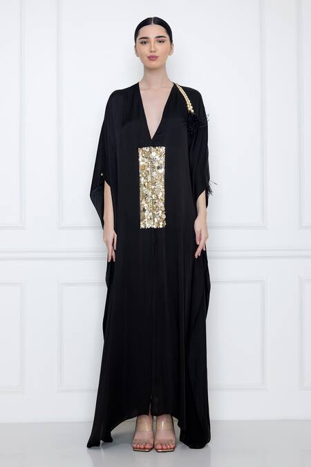 Dilnaz_Black Cotton Satin Sequins Plunge V Neck Embellished Kaftan_Online_at_Aza_Fashions