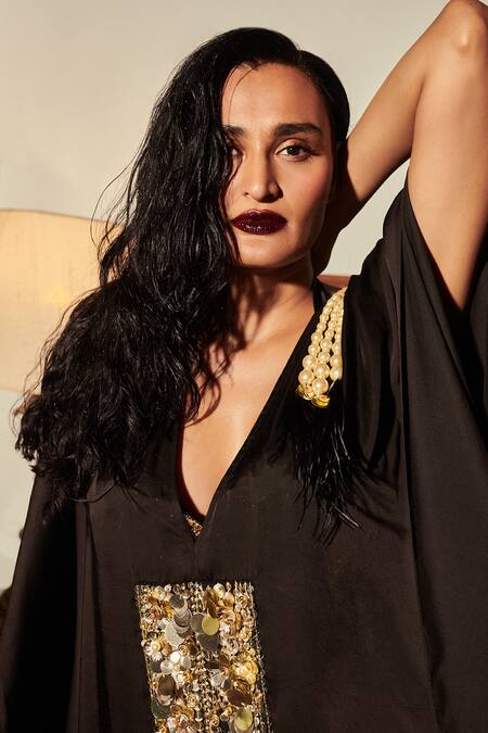 Buy_Dilnaz_Black Cotton Satin Sequins Plunge V Neck Embellished Kaftan_Online_at_Aza_Fashions