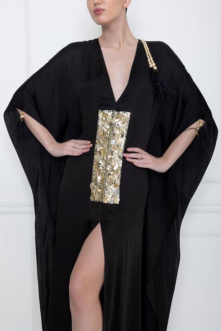 Shop_Dilnaz_Black Cotton Satin Sequins Plunge V Neck Embellished Kaftan_Online_at_Aza_Fashions