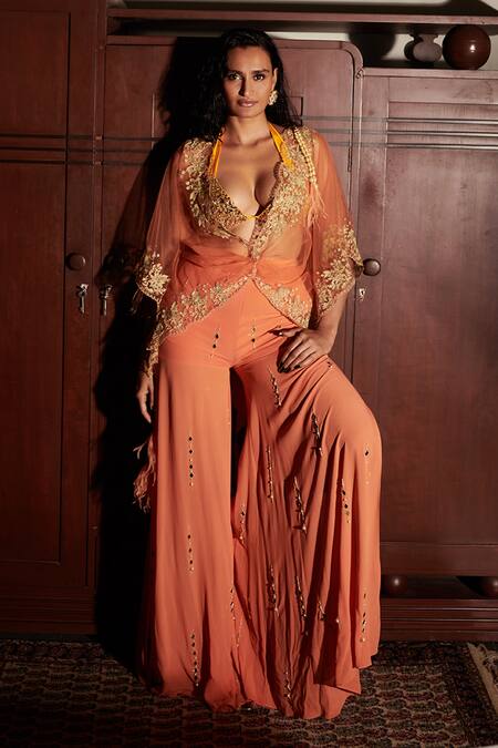 Dilnaz Orange Net Pearl, Feathers Plunge V Neck Twist Kaftan Top 