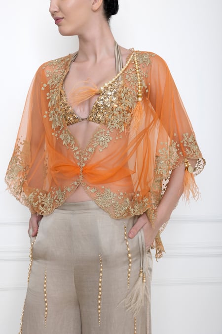 Buy_Dilnaz_Orange Net Pearl, Feathers Plunge V Neck Twist Kaftan Top_Online_at_Aza_Fashions