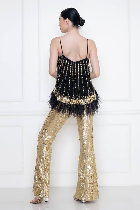 Dilnaz_Black Net And Polyester Satin Hand Embellished Mirror Scoop Camisole  _Online_at_Aza_Fashions