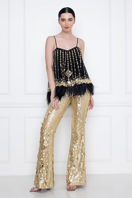 Buy_Dilnaz_Black Net And Polyester Satin Hand Embellished Mirror Scoop Camisole  _Online_at_Aza_Fashions