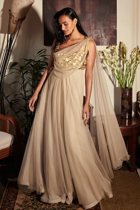 DILNAZ Grey Net/ Viscose And Polyester Satin Embellished Bodice Saree Gown 