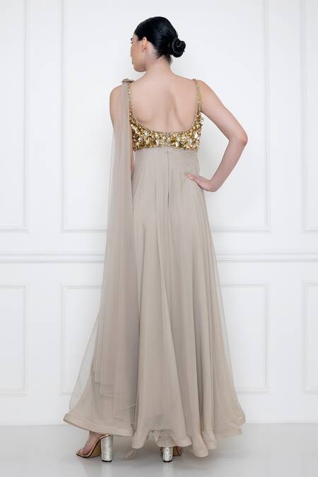 Dilnaz_Grey Net/ Viscose And Polyester Satin Sequin & Beads Bodice Embellished Saree Gown _Online_at_Aza_Fashions