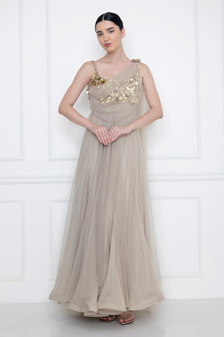 Buy_Dilnaz_Grey Net/ Viscose And Polyester Satin Sequin & Beads Bodice Embellished Saree Gown _Online_at_Aza_Fashions
