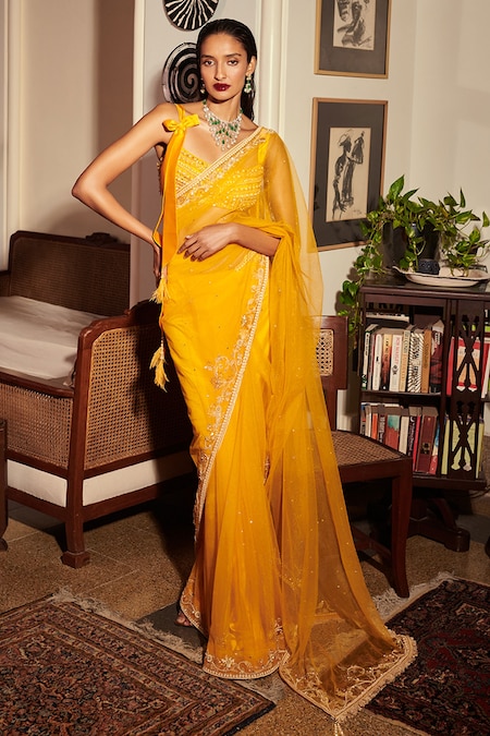 Embroidered Satin Silk Dhoti Style Yellow Saree