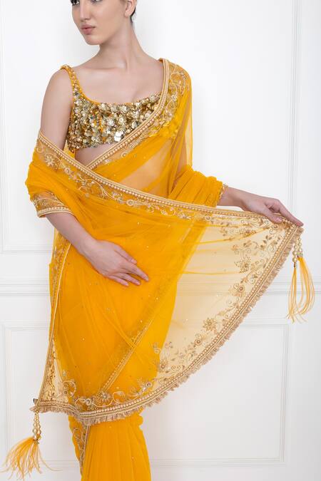 Shop Dilnaz Yellow Net And Polyester Satin Sequin & Beads, Thread Border Embroidered Saree Online at Aza Fashions Shop_Dilnaz_Yellow Net And Polyester Satin Sequin & Beads, Thread Border Embroidered Saree_Online_at_Aza_Fashions