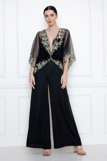 Dilnaz_Black Cotton Satin And Net Thread V Neck Wide Legged Jumpsuit With Kaftan Top_Online_at_Aza_Fashions