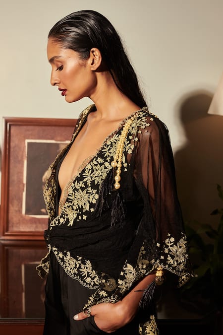 Buy_Dilnaz_Black Cotton Satin And Net Thread V Neck Wide Legged Jumpsuit With Kaftan Top_Online_at_Aza_Fashions