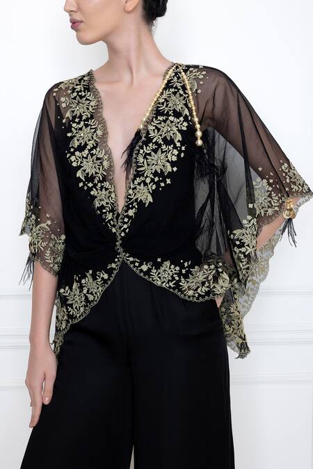 Shop_Dilnaz_Black Cotton Satin And Net Thread V Neck Wide Legged Jumpsuit With Kaftan Top_Online_at_Aza_Fashions