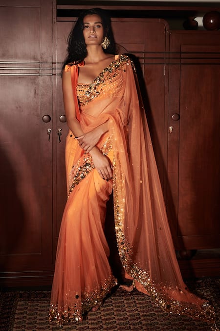 Buy Online Cream Checker Kanchipuram Silk Saree with Orange Zari Border –  Pure Elegance
