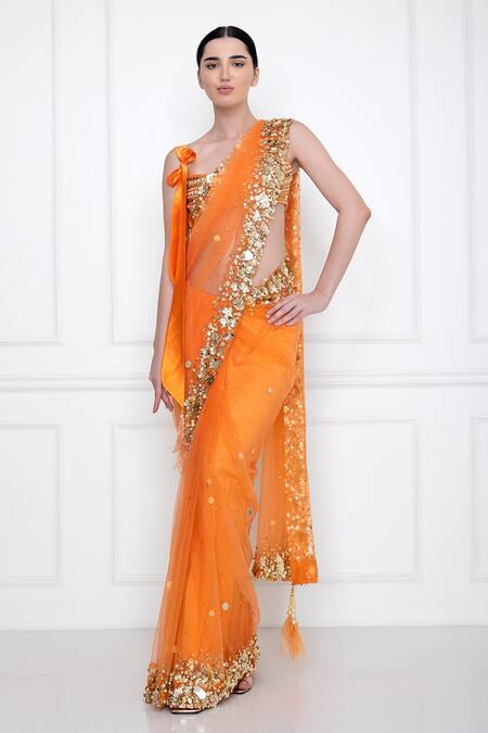Buy_DILNAZ_Orange Net And Polyester Satin Embroidery Sequin Border Saree  _Online_at_Aza_Fashions