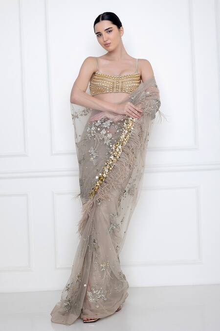 Buy_Dilnaz_Grey Net And Polyester Satin Embellished Sequin & Beads Scoop Neck Bustier_Online_at_Aza_Fashions