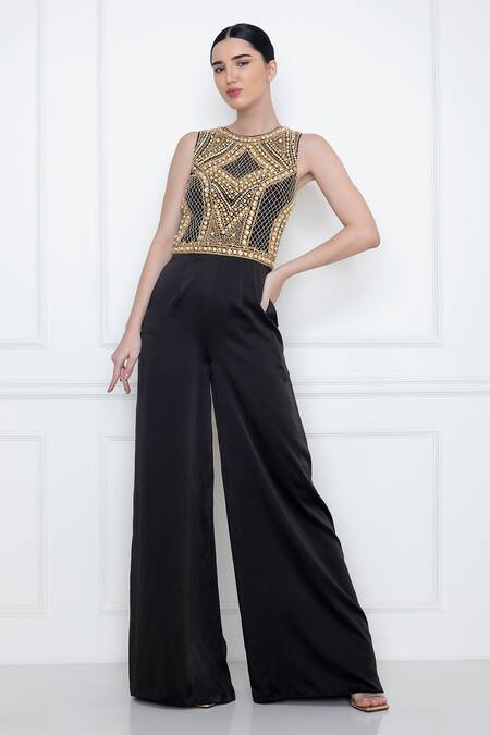 Dilnaz_Black Pure Silk Satin Embellished Sequin And Beads Bodice Jumpsuit _Online_at_Aza_Fashions